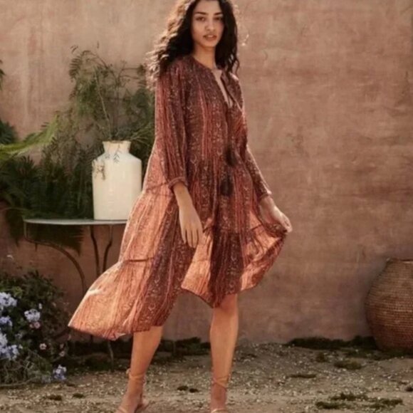 Doen Normandy Dress Earth Mandevilla Vine Floral Paisley L - Picture 1 of 16